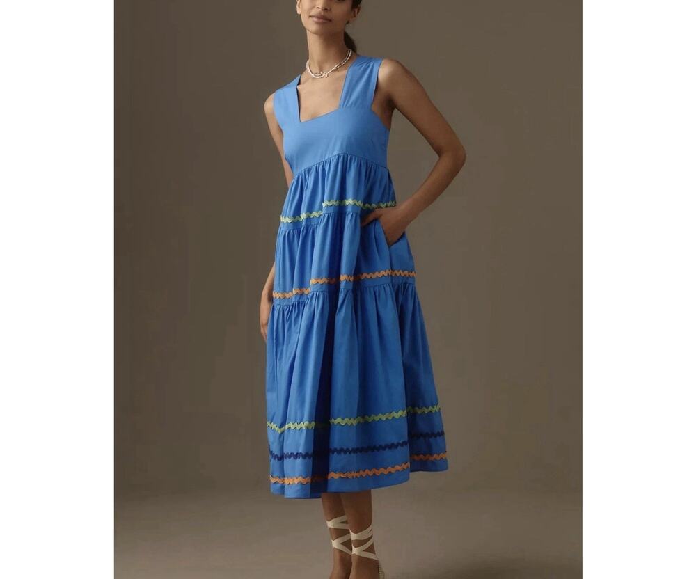 Anthropologie Helena Square-Neck Tiered Midi Dress Women's Medium Blue Scallop